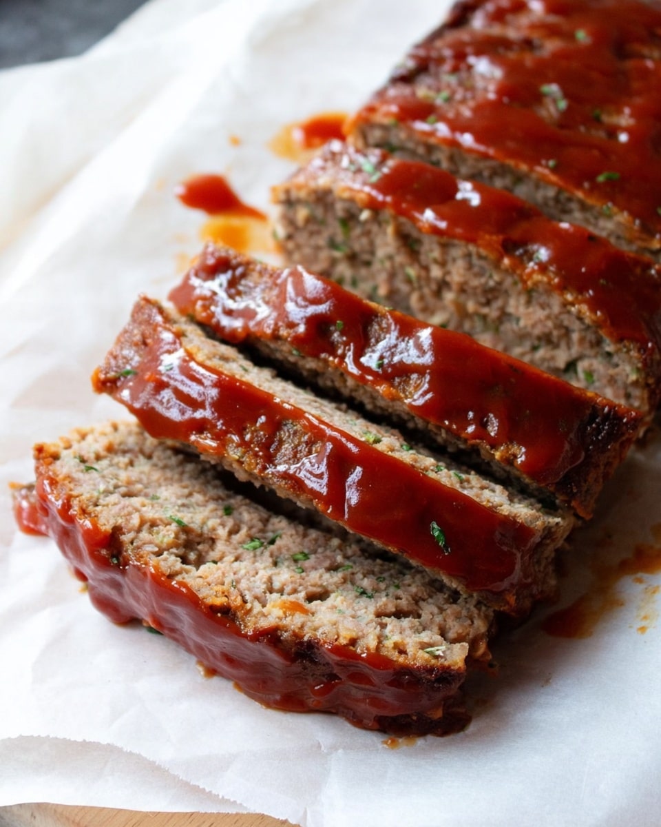 A sliced meatloaf with four visible thick slices placed on white parchment paper, each slice showing a soft, brown, textured inside with bits of herbs. The top of each slice is covered with a shiny, smooth, reddish-brown sauce that looks slightly sticky. The edges of the sauce drip down the sides, creating an uneven but appetizing layer. The background features a white marbled texture surface. Photo taken with an iphone --ar 4:5 --v 7