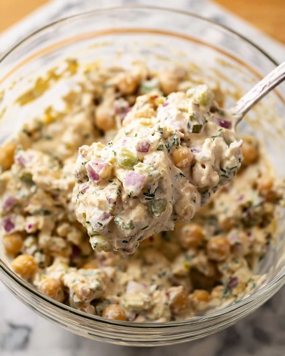 A close-up view of a thick, creamy mixture in a clear glass bowl on a white marbled surface. The mixture has a chunky texture with layers of small beige chickpeas, small pieces of light green celery, tiny purple onion bits, and flecks of green herbs all mixed evenly in a light creamy sauce. A silver spoon scoops up a generous serving of this mixture, showing the mix’s dense, creamy, and uneven texture. The background is softly blurred, focusing on the rich details of the creamy chickpea salad photo taken with an iphone --ar 4:5 --v 7