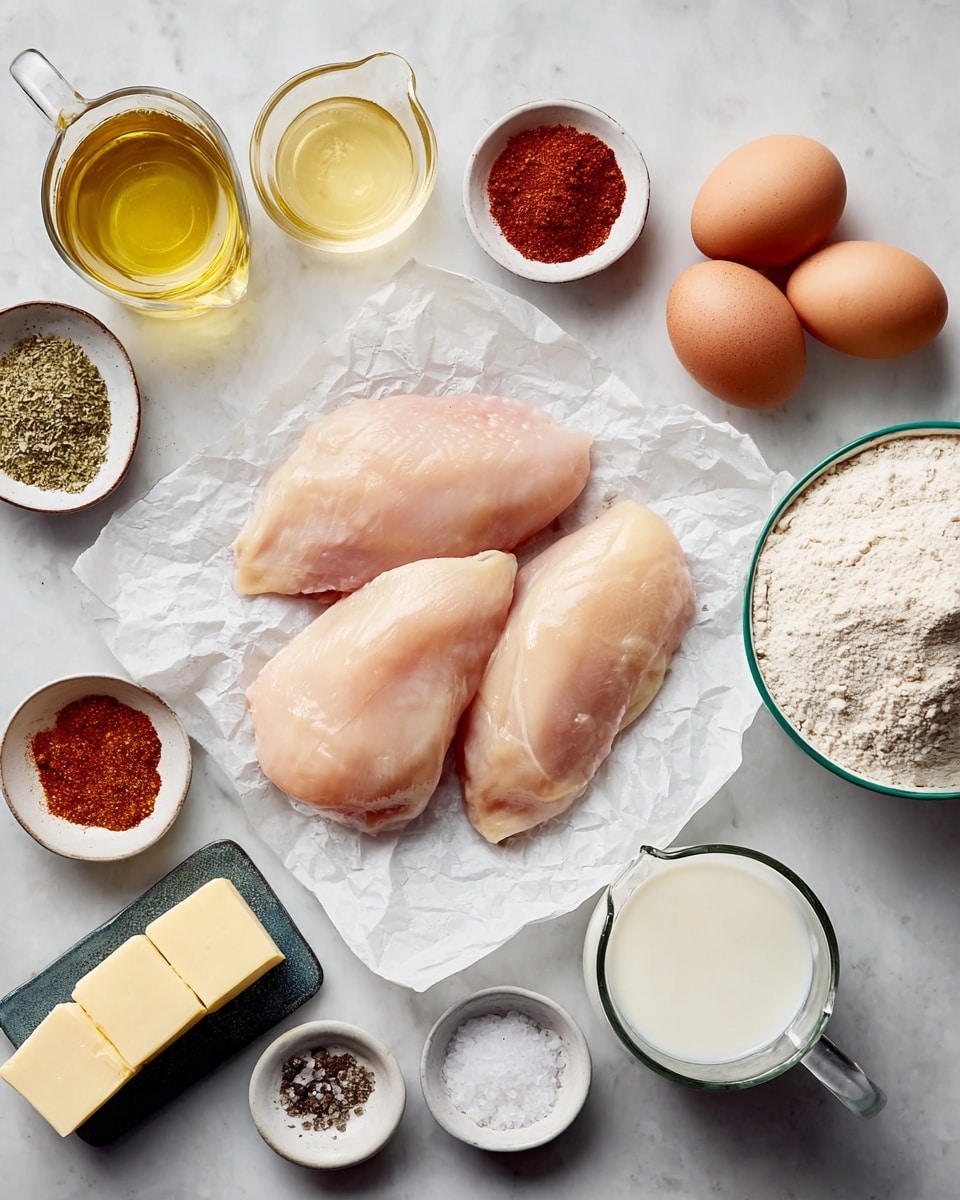The image shows three raw chicken breasts placed on a crumpled piece of white parchment paper in the center, on top of a white marbled surface. Around them, there are several small white bowls containing different spices and dry ingredients, including a reddish spice, a yellow powder, and dried herbs. To the left, there is a measuring cup filled with light yellow oil and a small black dish with three light yellow cubes of butter. Three brown eggs rest near the top right, next to a white bowl filled with white flour and a small jar of light golden liquid. A glass measuring cup containing white milk is on the bottom right. Two small dishes with salt and black pepper are positioned near the top left. All elements are neatly arranged on the white marbled surface. photo taken with an iphone --ar 4:5 --v 7