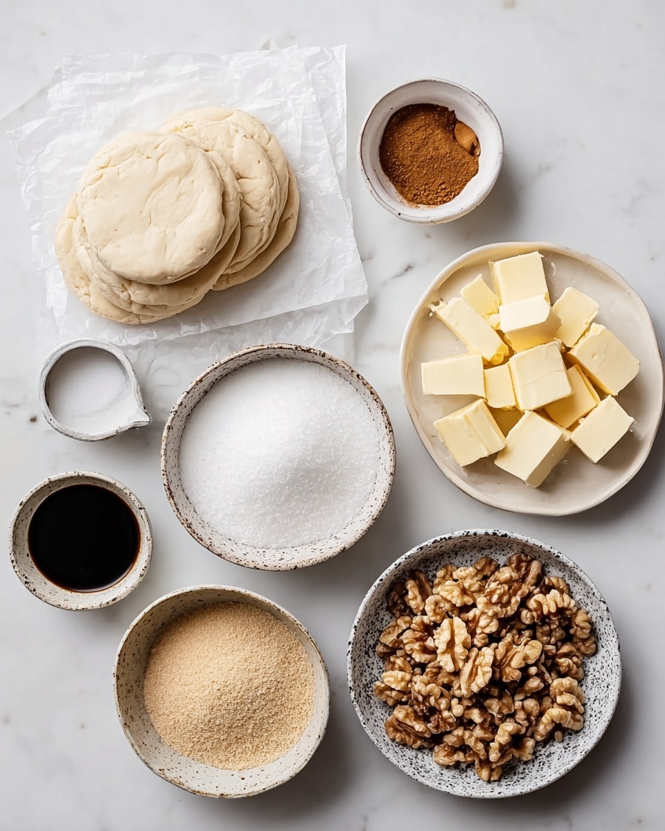 The image shows seven different baking ingredients arranged on a white marbled surface. On the left side, there is a stack of round, thick dough pieces placed on white parchment paper. Near the top center, there is a small white bowl with a brown powder, likely cinnamon. Below it, a larger bowl with white granulated sugar sits in a speckled ceramic bowl. To the right, a white plate holds many yellow butter cubes arranged loosely. Below the butter, there is a white bowl completely filled with light brown sugar. Under that is a dark speckled bowl filled with walnut pieces. To the left of the walnuts, a small white bowl contains a dark liquid, possibly vanilla extract. The arrangement is neat and well-lit, showing clear details on each item. photo taken with an iphone --ar 4:5 --v 7
