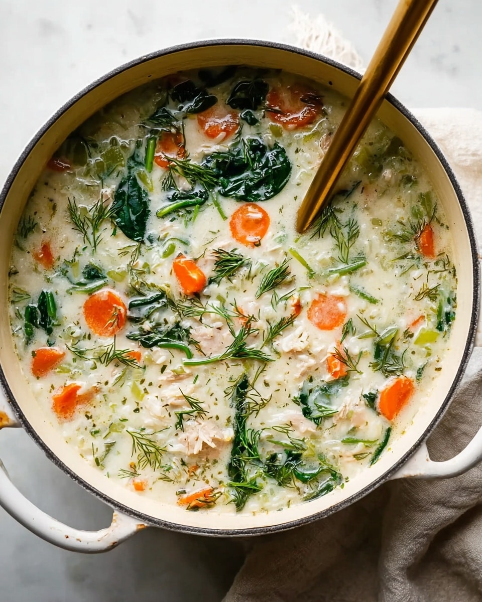 This image shows a white pot filled with a creamy soup that has visible layers of ingredients. The soup has thick, white broth as the base with soft grains and small pieces of light-colored meat spread throughout. Floating on top are bright orange carrot slices and deep green spinach leaves. Small sprigs of fresh dill are scattered over the surface, adding a touch of delicate texture and green color. A long-handled gold ladle rests inside the pot, partially immersed in the soup. The pot sits on a white marbled surface with a light beige cloth underneath, and natural light highlights the colors and textures inside the pot. Photo taken with an iphone --ar 4:5 --v 7