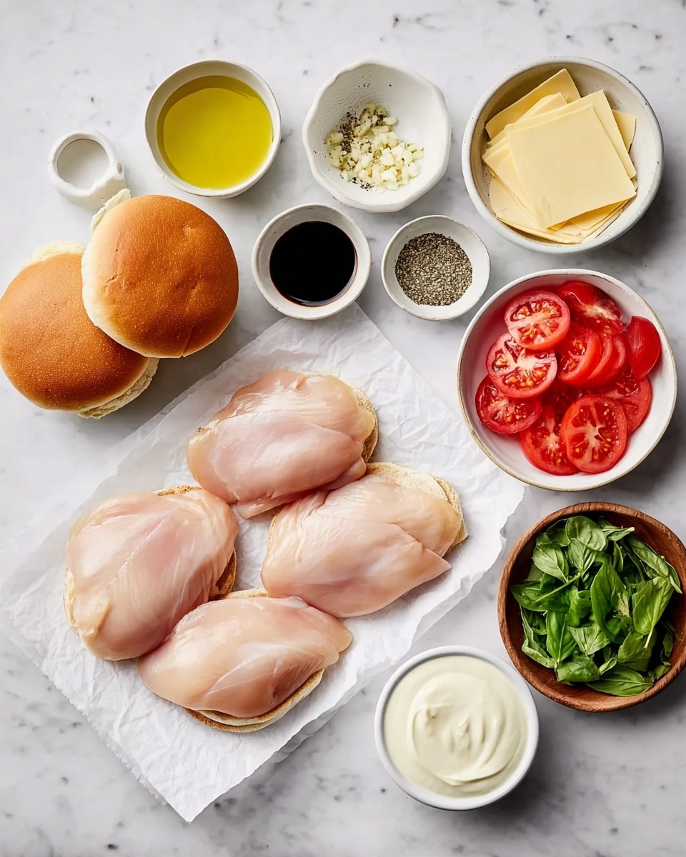 The image shows ingredients for a chicken sandwich arranged on a white marbled surface. In the center, there are four raw, pale pink chicken pieces placed on white parchment paper. To the left, three golden brown sandwich buns sit stacked near two small white bowls, one with yellow olive oil and the other with dark soy sauce. Above the chicken, there are small bowls with minced garlic, salt, and ground black pepper. To the right, a white bowl holds sliced red tomatoes, another white bowl has thin, light yellow cheese slices, and a wooden bowl contains fresh green basil leaves. Next to the basil is a white bowl with creamy white sauce, all neatly spaced and clearly visible. photo taken with an iphone --ar 4:5 --v 7