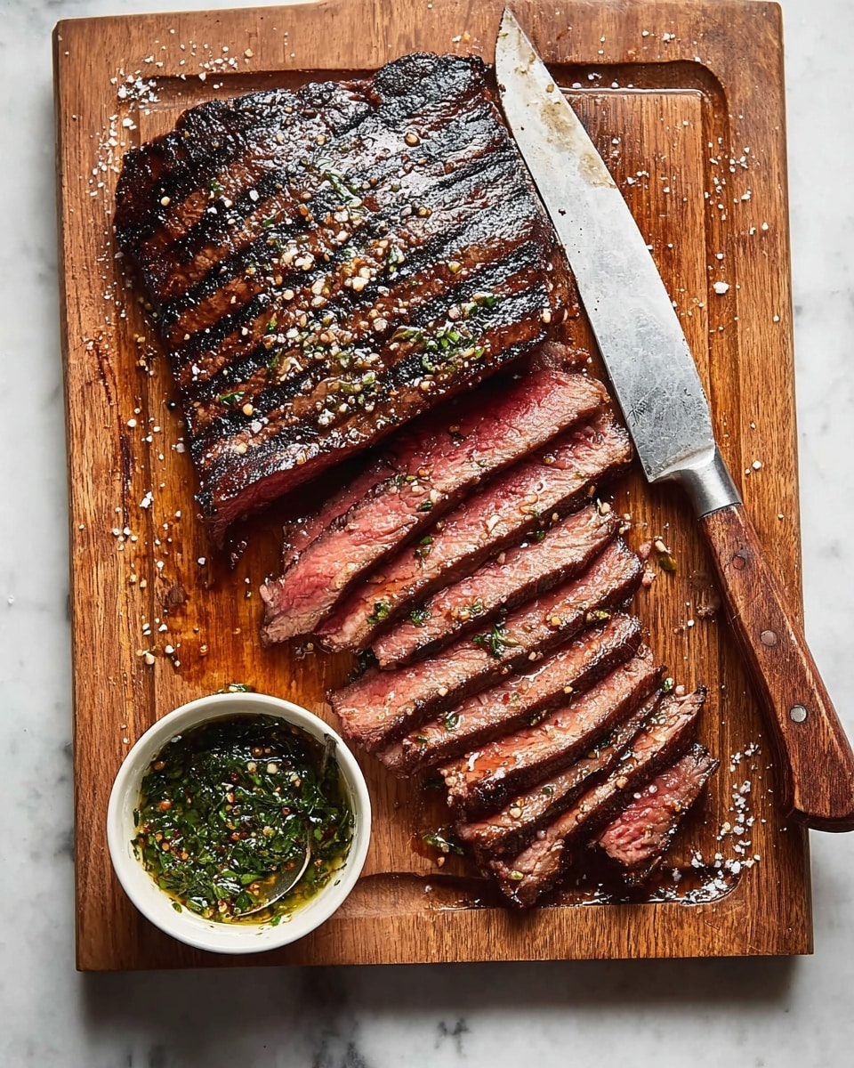 A wooden board with a large grilled steak resting on the left side, showing deep char marks and coarse salt sprinkled on top. Five thick slices of the steak lay fanned out on the right side, revealing a pink center with a darker, seared outer layer. A knife with a wooden handle is placed on the upper right corner of the board, angled towards the sliced steak. At the bottom left of the board, there is a small white bowl filled with green herbs and oil mixture. The background is a white marbled surface. Photo taken with an iphone --ar 4:5 --v 7