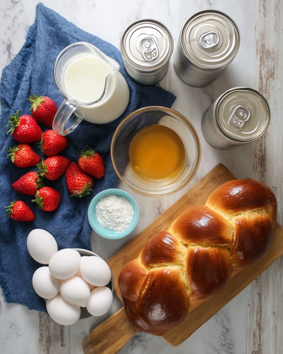 A top view of ingredients on a white marbled surface includes a golden brown braided bread loaf on a wooden board with several bright red strawberries around it placed on a dark blue cloth; next to it is a clear measuring cup with white milk, a small white bowl with light golden liquid, a small light blue bowl with white powder, two silver cans, and a shiny silver bowl holding eight white eggs. photo taken with an iphone --ar 4:5 --v 7