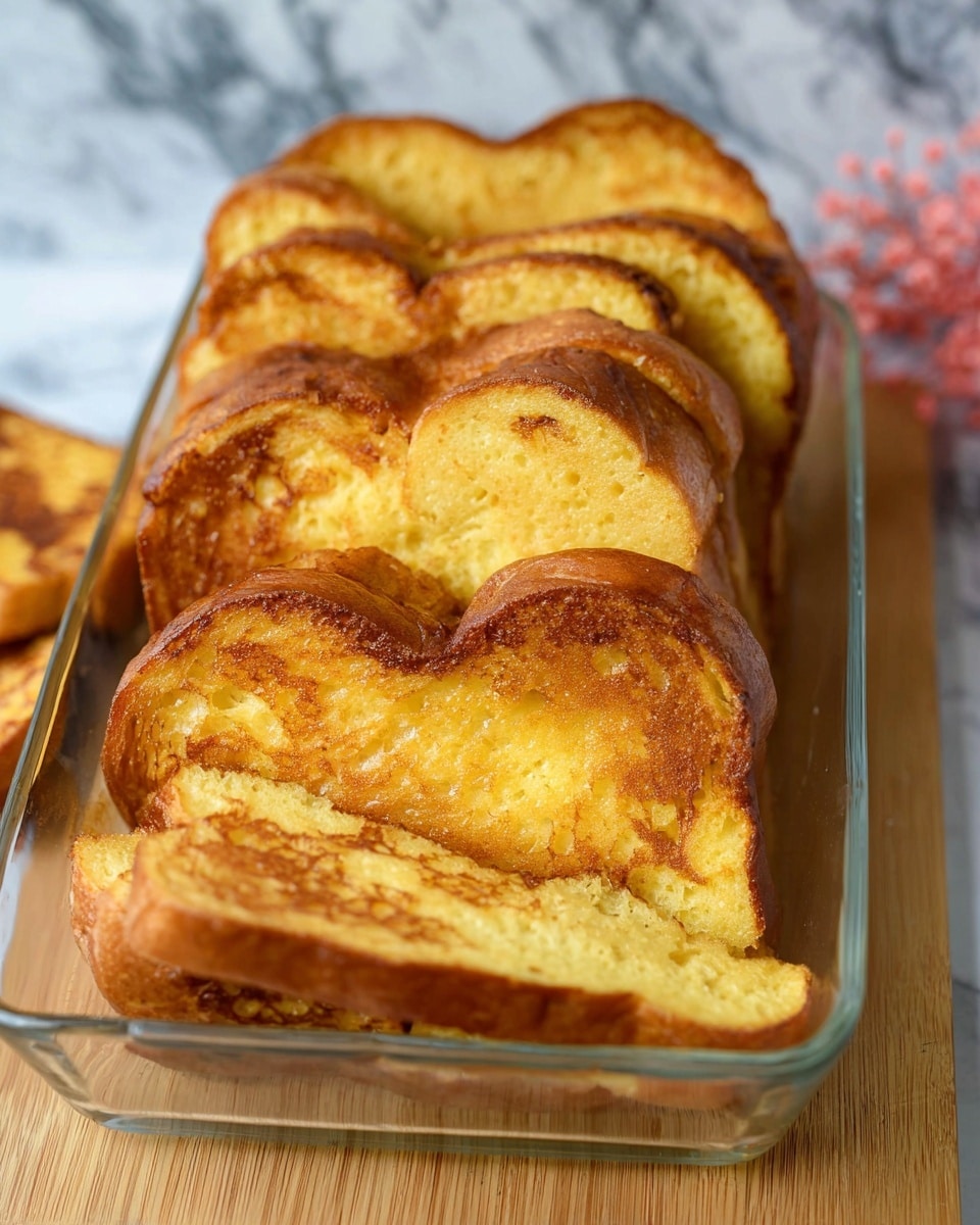 The image shows a clear rectangular glass dish filled with several slices of golden brown French toast, arranged standing upright in two neat rows. Each slice has a slightly crispy, browned surface with soft, moist interior parts visible. The toast slices have rounded edges and a light yellow color inside, with darker golden patches on the outside. The dish sits on a wooden board over a white marbled surface, adding contrast to the warm tones of the French toast. In the background, part of a white marbled wall is visible, along with some pink flowers blurred out on the right side. photo taken with an iphone --ar 4:5 --v 7