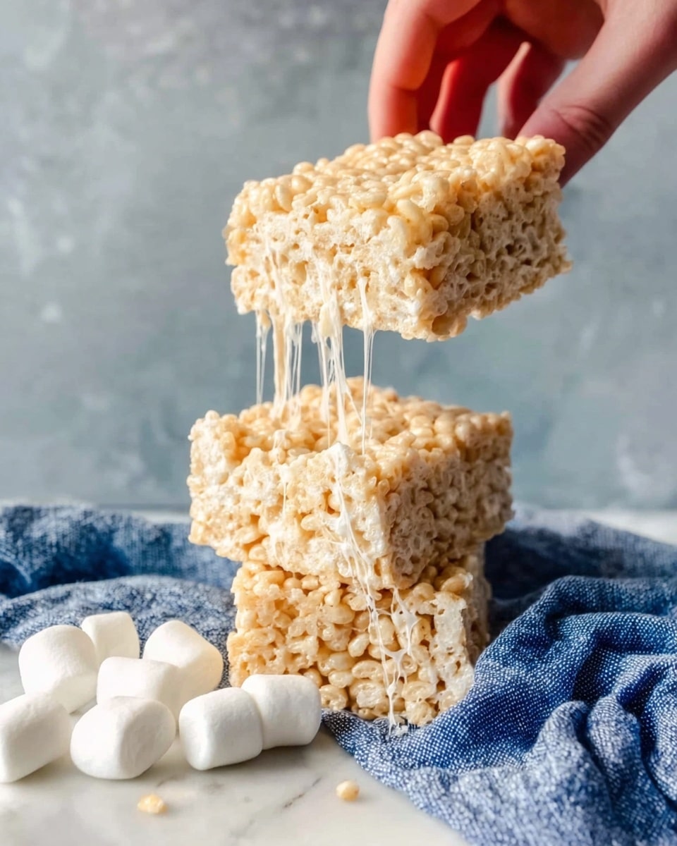 The image shows two square rice cereal treats stacked on a white marbled surface, with one being lifted by a woman's hand from the top. The treats are light golden beige with a sticky and chewy texture, showing melted marshmallow strings stretching from the bottom treat to the one being lifted. At the base of the stack, there are several small white marshmallows resting on a blue and white cloth next to the treats. The background has a soft gray, slightly textured look. Photo taken with an iphone --ar 4:5 --v 7