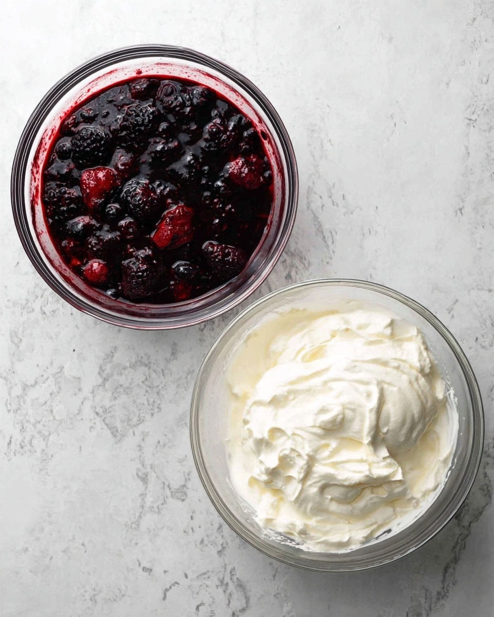 The image shows two clear glass bowls placed on a white marbled surface. The left bowl holds a dark berry sauce with a mix of blackberries, raspberries, and blueberries, creating a deep purple and red texture with some shiny liquid spots. The right bowl is filled with thick, whipped white cream, fluffy and smooth with soft peaks and swirls visible on its surface. Both bowls are simple and clear, highlighting the contrasting colors and textures of the berry sauce and whipped cream. Photo taken with an iphone --ar 4:5 --v 7