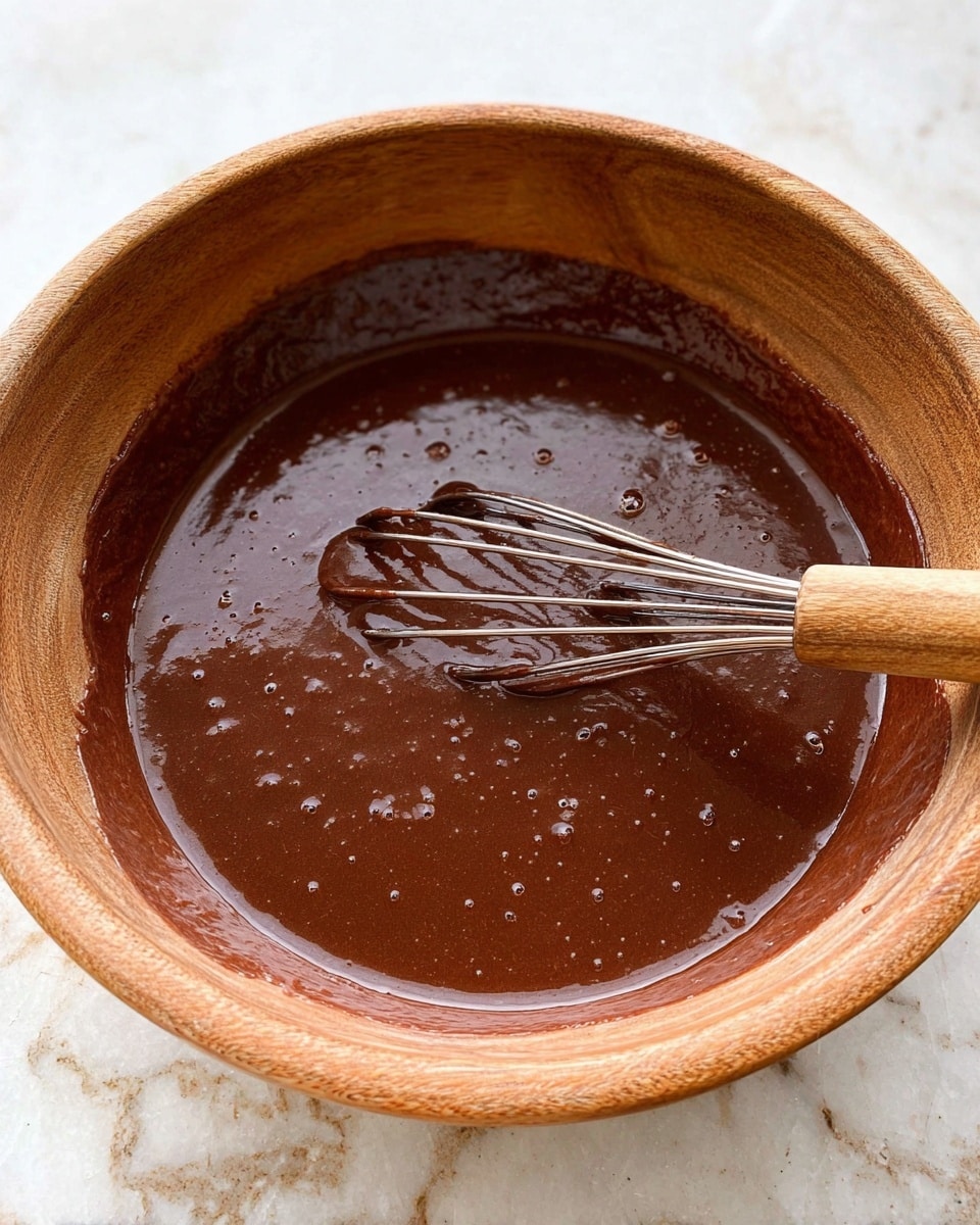 A wooden bowl filled with smooth, glossy, dark brown chocolate batter with small bubbles on the surface. A metal whisk with some batter on its wires rests inside the bowl, partly submerged in the mixture. The bowl is placed on a white marbled surface, creating a clean and bright background. The rich texture of the batter contrasts with the natural wood grain of the bowl. photo taken with an iphone --ar 4:5 --v 7