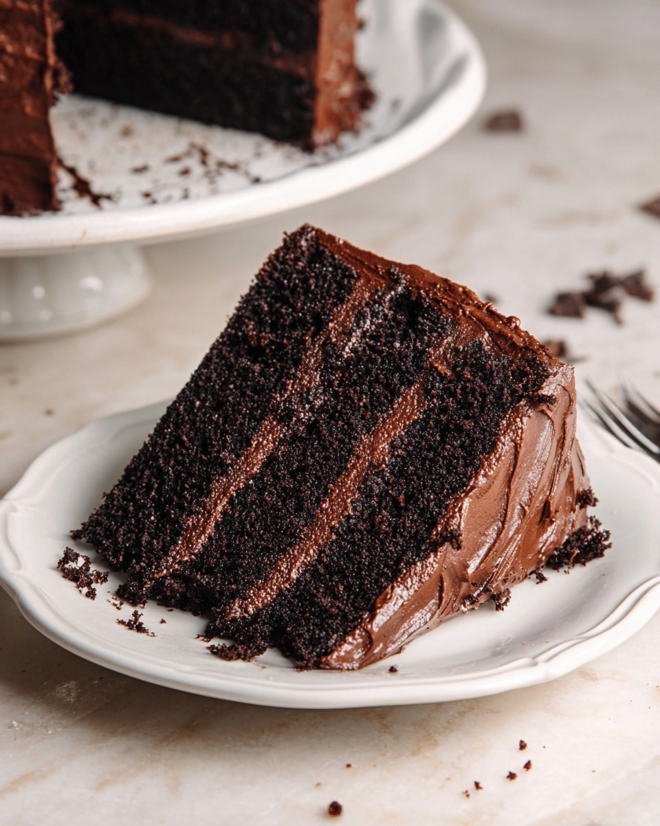 A slice of dark chocolate cake with three thick layers is shown on a white plate with scalloped edges. Each cake layer is moist and dark brown, separated by two smooth, shiny, rich chocolate frosting layers. The outside of the slice is coated with the same glossy chocolate frosting. The plate sits on a surface with white marbled texture, and there are small chocolate crumbs scattered nearby. In the background, the remaining cake on a white plate is partly visible. Photo taken with an iphone --ar 4:5 --v 7