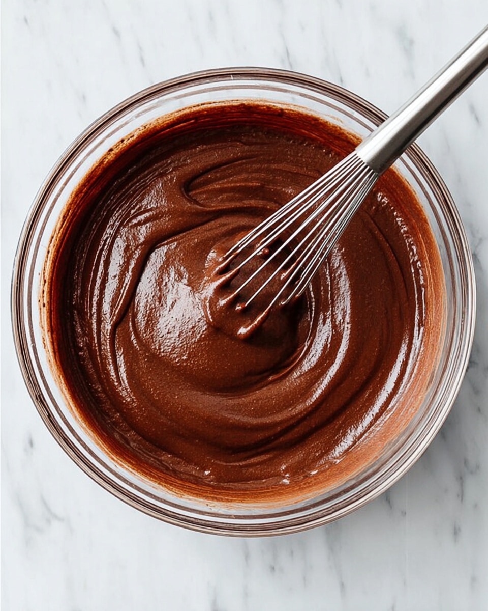 A clear glass bowl filled with smooth, rich, dark brown chocolate batter with a shiny texture. A metal whisk is partially resting inside the bowl, showing swirls made in the batter. The bowl sits on a white marbled surface. The image is taken from above, capturing the full round shape of the bowl and the mix of light and shadow on the batter's surface. photo taken with an iphone --ar 4:5 --v 7