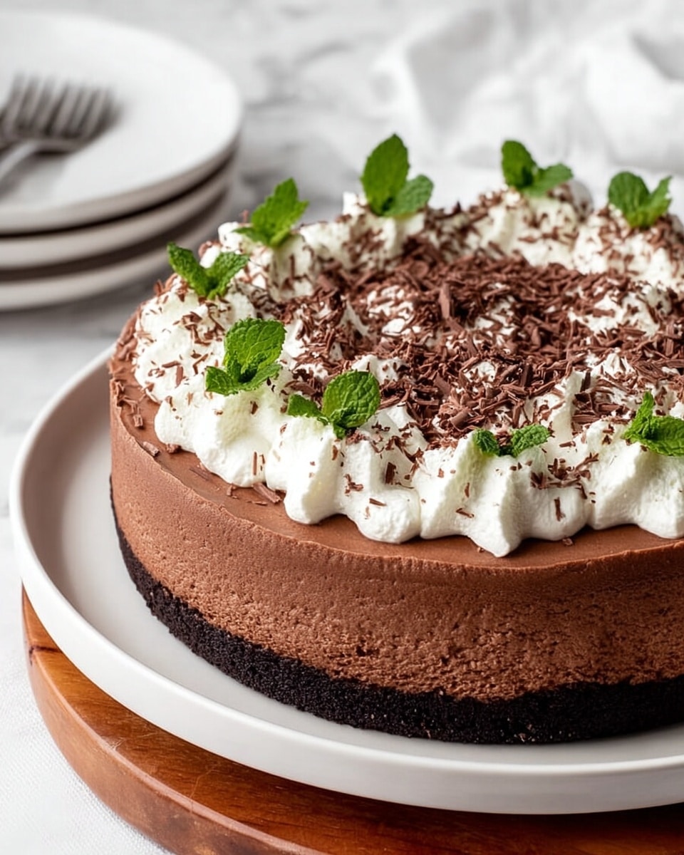 A round chocolate mousse cake with two visible layers sits on a white plate atop a wooden board. The bottom layer is a dark chocolate crust, firm and solid. The top layer is thick and creamy chocolate mousse with a smooth texture. On top, there are many small white whipped cream dollops evenly placed, sprinkled with dark chocolate shavings. Fresh green mint leaves are placed evenly around the edge and on top for decoration. The background is a white marbled texture, and in the back, there is a stack of white plates and a fork. Photo taken with an iphone --ar 4:5 --v 7