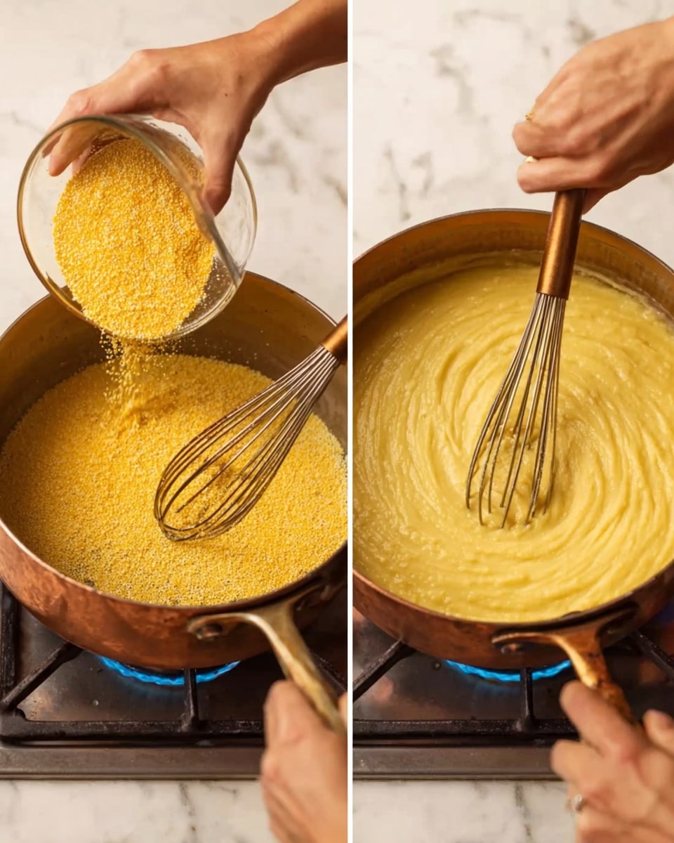 A copper pot is on a gas stove with blue flame visible under it. In the left image, a woman's hand pours yellow cornmeal from a clear measuring cup into the pot, while another woman's hand stirs inside the pot with a whisk that has a brown handle and metal wires. The pot is partially filled with a yellow grainy mixture. In the right image, the pot contains a thick, creamy yellow mixture being stirred with the same whisk, showing smooth, slightly textured swirls on the surface. The background is a white marbled texture. photo taken with an iphone --ar 4:5 --v 7