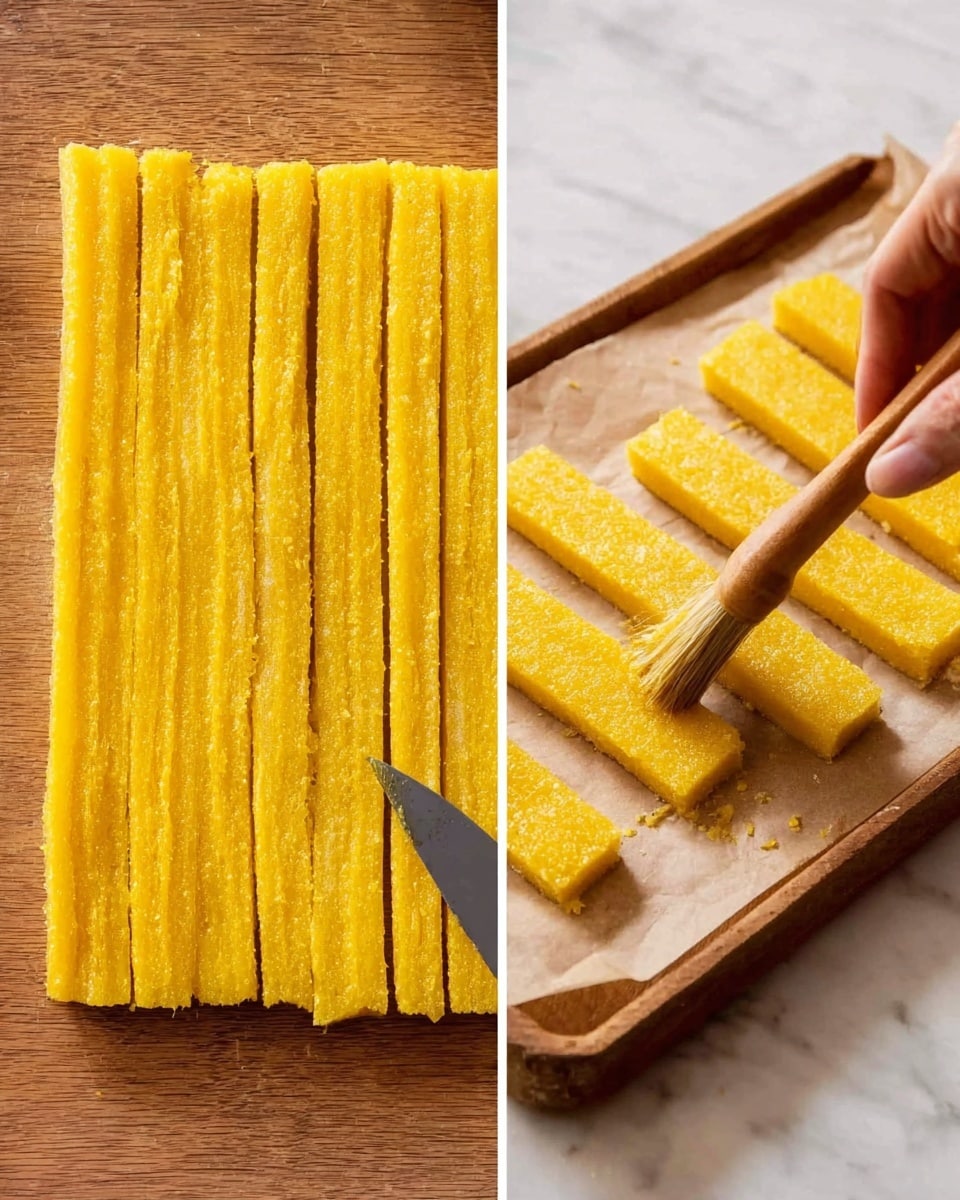 The image shows two close-up scenes of yellow polenta strips on a wooden surface. On the left side, there is a large flat rectangular block of polenta with smooth texture, cut into long narrow strips with a knife, with the knife blade visible at the bottom right. On the right side, the polenta strips are separated and laid flat on a wooden board, with a woman's hand holding a wooden brush and brushing oil or butter gently over the strips. The polenta has a rough but even texture and bright yellow color. The background is a white marbled texture. Photo taken with an iphone --ar 4:5 --v 7