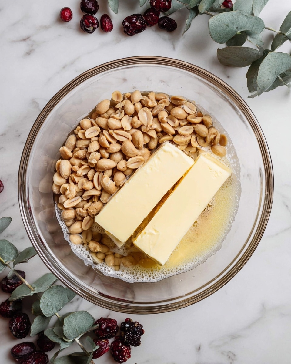 A clear glass mixing bowl sits on a white marbled surface, filled about halfway with two main layers. One side of the bowl holds a layer of light brown roasted peanuts, some split open to reveal their inner texture. Adjacent to the peanuts, two thick sticks of pale yellow butter rest on a foamy pool of melted butter that slightly covers the peanuts on that side. Around the bowl, dark red and black berries, as well as some green eucalyptus leaves, add accent colors to the scene. Photo taken with an iphone --ar 4:5 --v 7