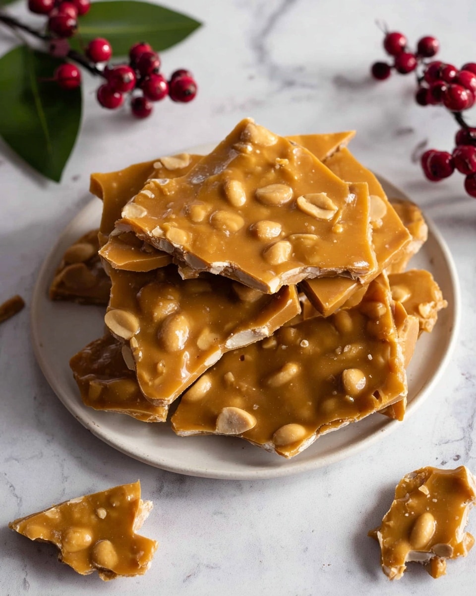 A white round plate holds several uneven pieces of golden brown peanut brittle stacked over each other. The brittle has a shiny, smooth surface dotted with visible whole peanuts inside, giving a textured appearance with some cracks and rough edges. Small broken brittle pieces are scattered around the plate on a white marbled surface. Dark red berries and green leaves are placed near the plate as decoration. Photo taken with an iphone --ar 4:5 --v 7