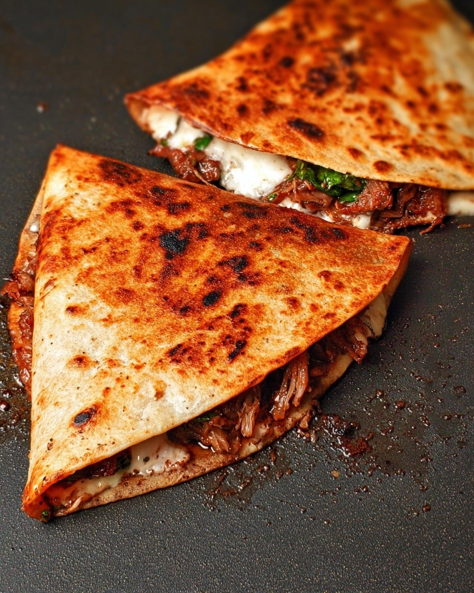 Two toasted quesadillas lie on a dark cooking surface. Each quesadilla is folded in half, showing a crispy, browned outer layer with a slightly uneven texture and small charred spots. Inside, the filling consists of melted white cheese, tender shredded meat with a rich brown color, and bits of green leafy vegetables peeking out. The quesadillas have a warm golden-brown hue with darker grill marks. The background is plain and unadorned to keep the focus on the food. photo taken with an iphone --ar 4:5 --v 7