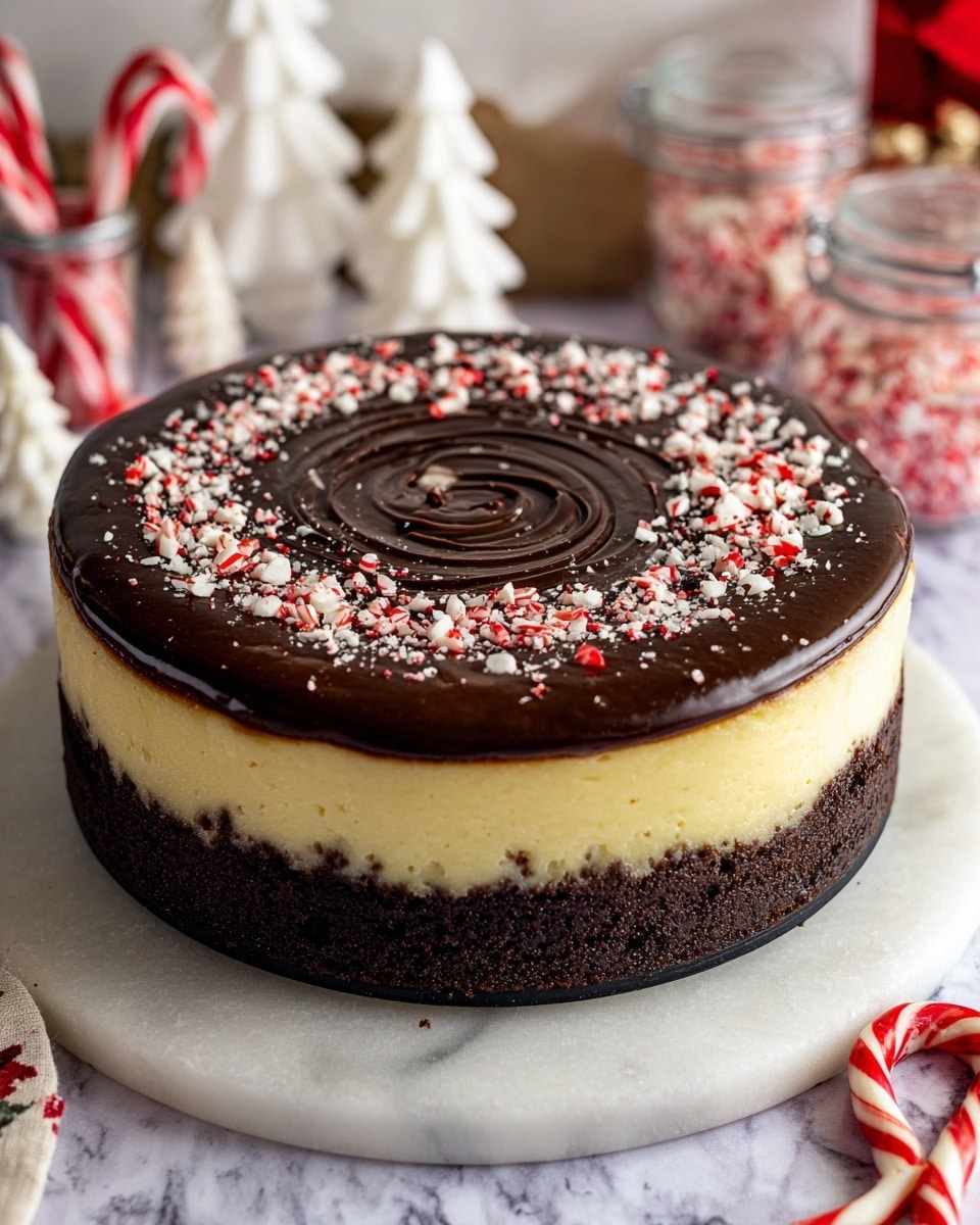 The image shows a round three-layer cake on a white marbled surface. The bottom layer is thick and dark brown with a rough textured surface. The middle layer is creamy and light yellow, smooth and slightly raised above the bottom. The top layer is shiny, dark brown chocolate with a spiral swirl pattern and small red and white crushed candy pieces sprinkled evenly on top. The background has small white and red decorative Christmas trees, candy canes, and small jars with candy, creating a festive look. Photo taken with an iphone --ar 4:5 --v 7