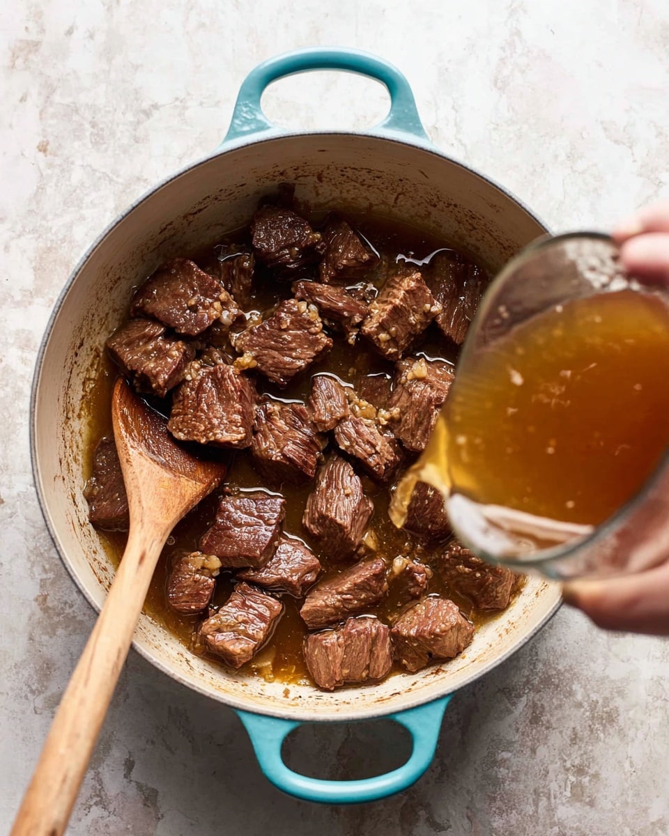 A large light blue pot with a white inside holds cooked cubes of brown beef with a slight sear on them. The beef pieces rest on a white marbled surface with some browned bits stuck to the pot’s sides. A wooden spoon with a smooth texture is inside the pot, stirring the beef. In the second part of the image, a woman's hand pours a brown liquid from a clear measuring cup over the beef, adding some shine and moisture to the meat. Photo taken with an iphone --ar 4:5 --v 7