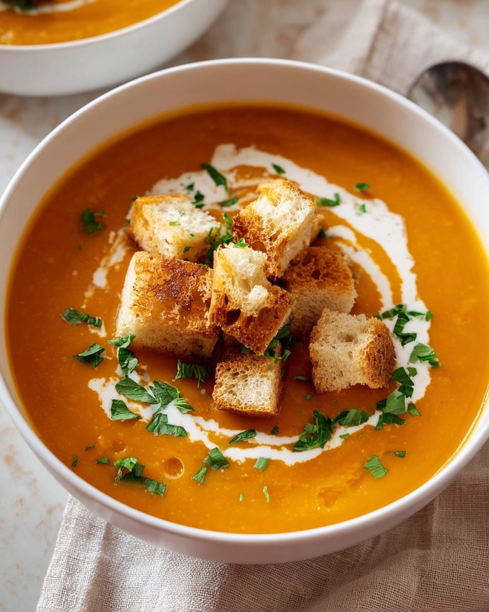 A white bowl filled with smooth orange soup, topped with a swirl of white cream on the surface. On top of the cream are several golden-brown toasted bread cubes with a crunchy texture. Bright green chopped herbs are sprinkled over the bread and the cream, adding a fresh touch. The bowl is placed on a soft beige cloth, with part of another white bowl visible in the background on a white marbled textured surface. photo taken with an iphone --ar 4:5 --v 7