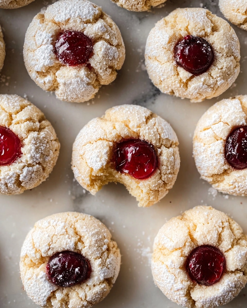 The image shows nine round cookies on a white marbled surface, each cookie lightly coated with powdered sugar. The cookies have a cracked texture and a soft, crumbly look. Each cookie has a deep red cherry placed in the middle as the top layer. The cookie in the center is missing a small bite, showing its light, soft inside while still holding a cherry on top. The colors mainly include pale beige for the cookie dough, white from the powdered sugar, and glossy dark red from the cherries. The cookies are arranged closely but not touching, with clear details of texture and light shadows. Photo taken with an iphone --ar 4:5 --v 7