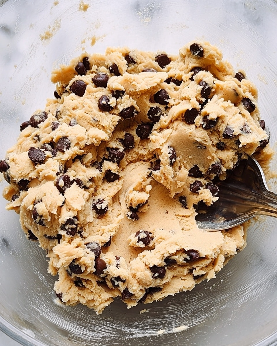 This image shows a close-up of light beige cookie dough mixed with lots of small, dark chocolate chips. The dough looks soft and slightly rough in texture, filling a clear glass bowl. A silver spoon is partially dipped on the right side of the bowl, ready to scoop. The bowl sits on a white marbled surface. Photo taken with an iphone --ar 4:5 --v 7