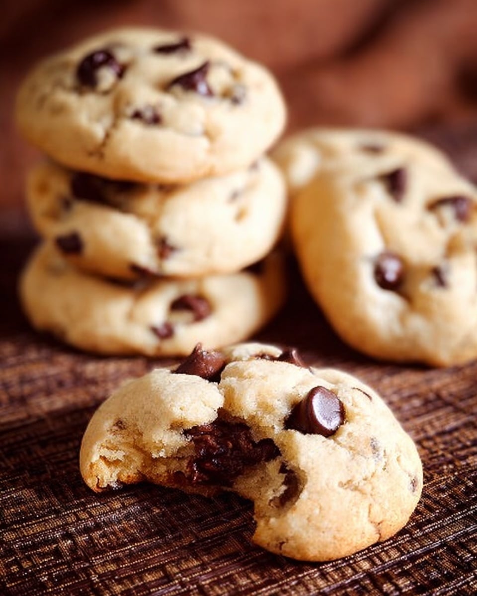 The image shows a group of soft chocolate chip cookies arranged on a brown woven mat. In the foreground, there is one cookie with a bite taken out of it, showing a creamy, rich texture inside with melted dark brown chocolate chips that contrast with the light beige cookie. Behind it, there are four more whole cookies stacked and scattered, each with visible chocolate chips embedded on their smooth tops, which have a slightly puffy and soft appearance. The warm lighting highlights the gooey chocolate and the slightly crumbly edges of the cookies, creating a cozy and inviting look. Photo taken with an iphone --ar 4:5 --v 7
