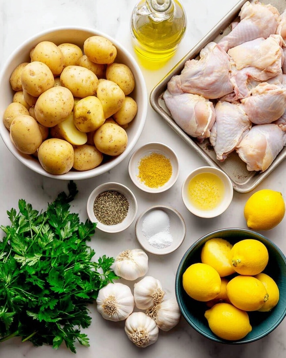 A white bowl full of whole small yellow potatoes sits on the top left on a white marbled surface. Below the bowl, there is a bunch of fresh green parsley. Scattered in the middle are cut yellow potatoes showing smooth yellow inside and some whole potatoes. Above those potatoes there are three small white bowls holding salt, black pepper, and mustard-colored seasoning. To the top right, there is a silver tray holding raw chicken pieces with pale skin. On the far right, there are whole yellow lemons in a dark bowl and one lemon cut in half showing bright inside. Near the middle bottom, two whole white garlic bulbs sit on the surface. A clear bottle of light yellow olive oil is placed above the bowls of seasonings. photo taken with an iphone --ar 4:5 --v 7