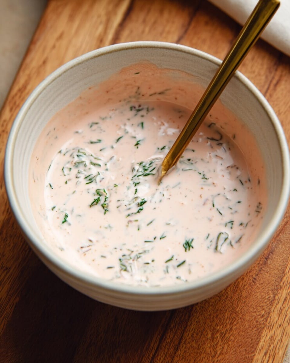 A close-up of a white bowl filled with a creamy, light pink sauce mixed with visible green herbs, giving a speckled look inside. A gold spoon is placed in the sauce, slightly resting on the side of the bowl. The bowl is set on a wooden surface. photo taken with an iphone --ar 4:5 --v 7