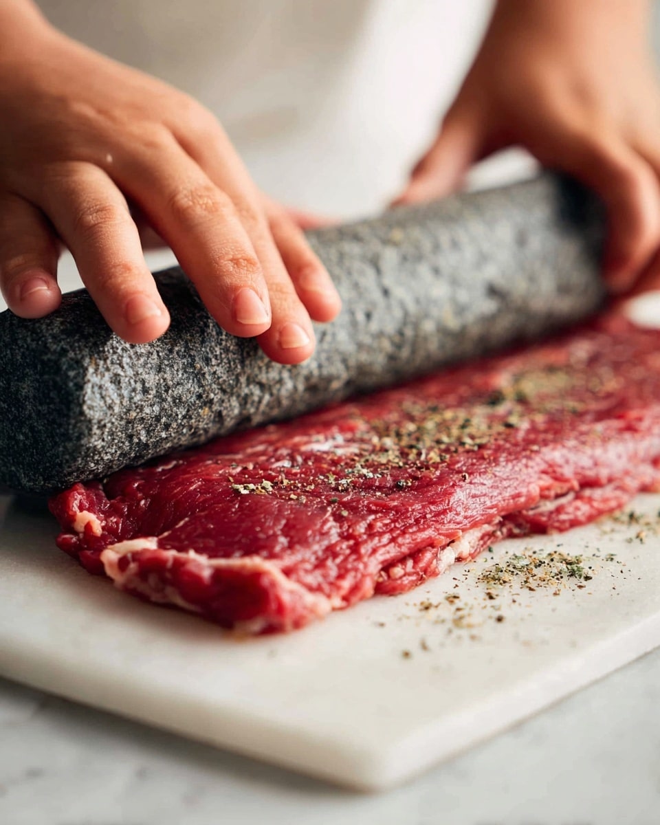 A thin, raw red meat slice is laid flat on a white marbled surface, sprinkled with coarse black pepper. Two woman's hands are pressing and rolling the meat over a cylindrical, dark gray stone tool with a textured surface. The close-up image shows the rich red color of the meat, light marbled fat edges, and the slightly rough surface of the stone roller. The background is softly blurred, keeping focus on the hands and meat. photo taken with an iphone --ar 4:5 --v 7