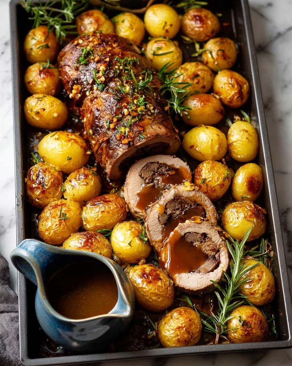 A metal baking tray filled with golden roasted baby potatoes scattered all over with some sprigs of fresh green rosemary on top. In the center, there is a rolled roast with a browned, shiny crust, sliced into four pieces revealing a darker filling inside. In the bottom left corner of the tray, a small blue ceramic sauce pitcher holds a brown gravy. The potatoes have a crispy outside with a golden color, and the roast glistens with a shiny glaze. The whole tray sits on a white marbled surface. Photo taken with an iphone --ar 4:5 --v 7
