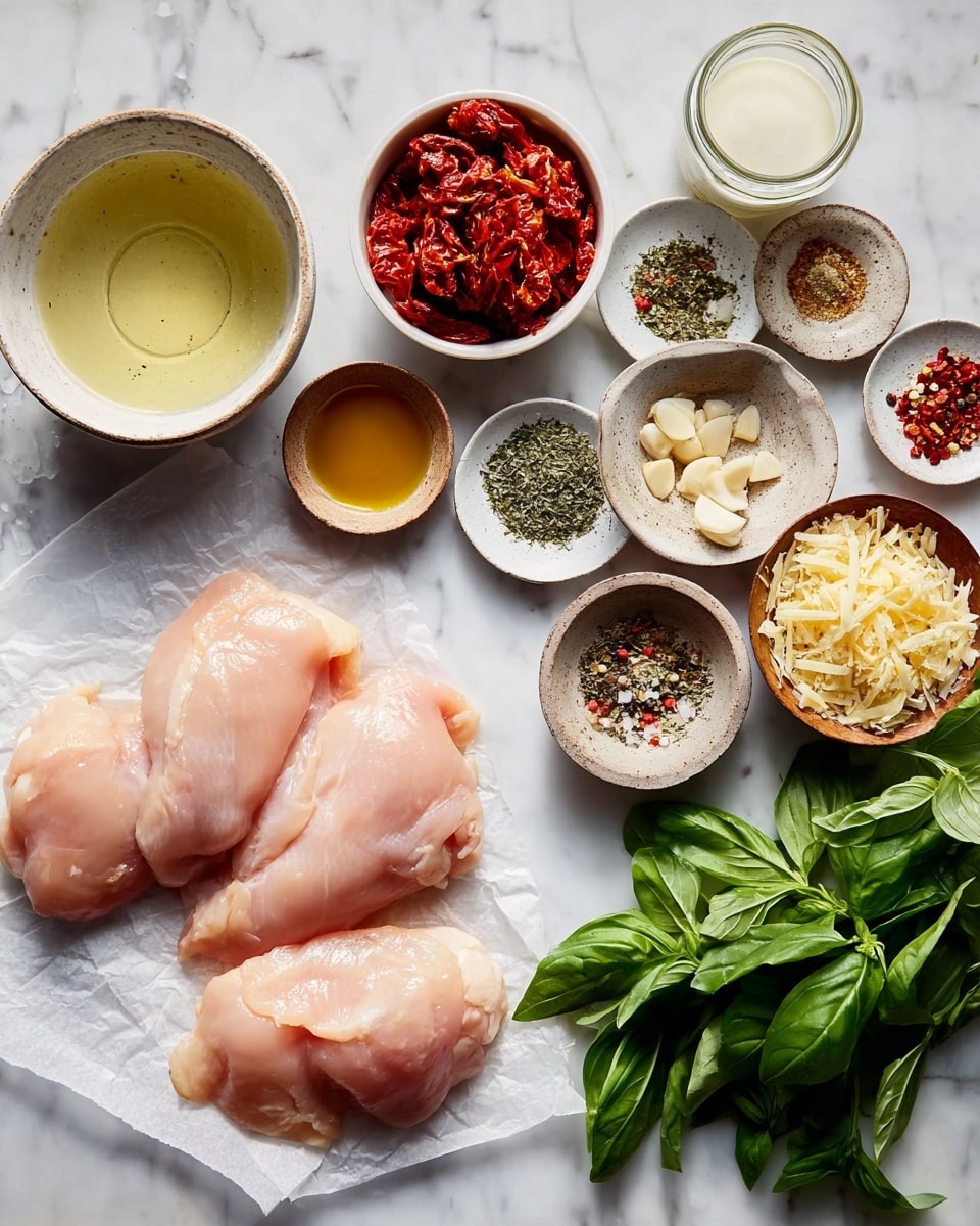 The image shows three pieces of raw chicken, pale pink and smooth, resting on white paper in the bottom left. Around the chicken are small white bowls with various ingredients: bright red chopped sun-dried tomatoes in one, minced garlic in another, and light yellow grated cheese in a wooden bowl. There are also small dishes with light brown honey or oil and small piles of spices such as dried herbs, red chili flakes, salt, and pepper in small stone or ceramic bowls. Fresh dark green basil leaves are arranged on the white marbled surface to the right, next to a small jar of white sauce. A glass container of light yellow liquid sits in the top left corner. The photo has soft lighting and is arranged neatly on a white marbled background, photo taken with an iphone --ar 4:5 --v 7