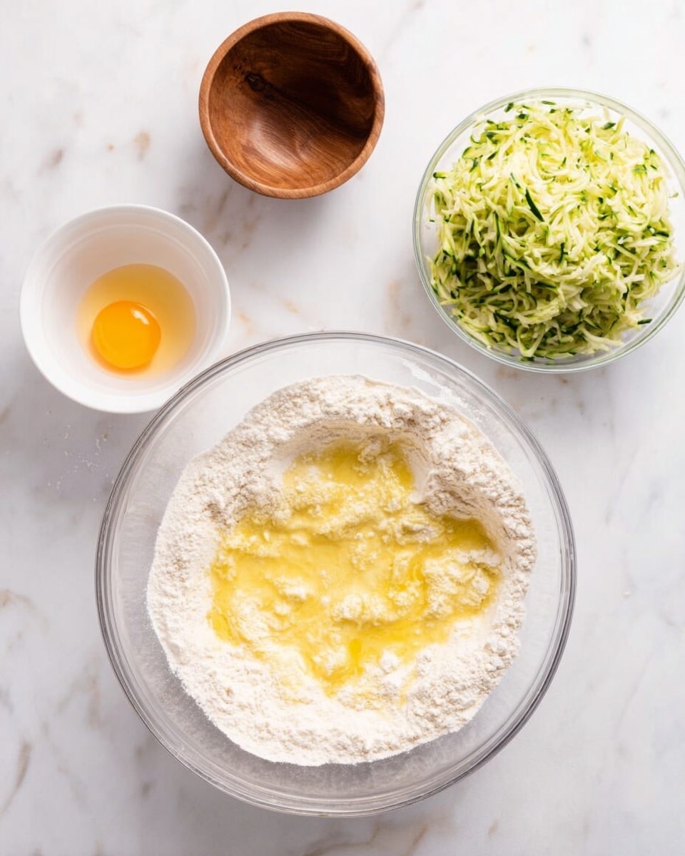 A clear glass bowl sits on a white marbled surface, filled with flour and a pool of melted yellow butter on top, creating a soft, uneven blend. To the upper right, another clear bowl holds shredded green zucchini, finely textured. Nearby, to the left, there is a small white bowl containing a cracked egg with the yolk visible, and a small empty round wooden bowl placed above it. The scene looks like the start of mixing ingredients for baking, with clean, simple kitchen tools arranged neatly around the bowls. Photo taken with an iphone --ar 4:5 --v 7