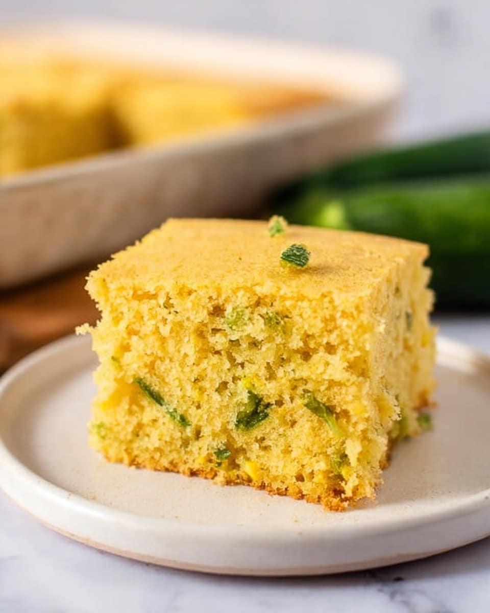 A square piece of yellow cornbread sits on a white plate with a white marbled texture background. The cornbread has two visible layers: the top layer is smooth and slightly crumbly with a few small green flecks, while the bottom layer is more porous and airy, showing a light, spongy texture with scattered green bits inside, likely herbs or vegetables. In the background, part of the baking dish holding more cornbread is slightly blurred, and some green zucchinis are also visible. Photo taken with an iphone --ar 4:5 --v 7