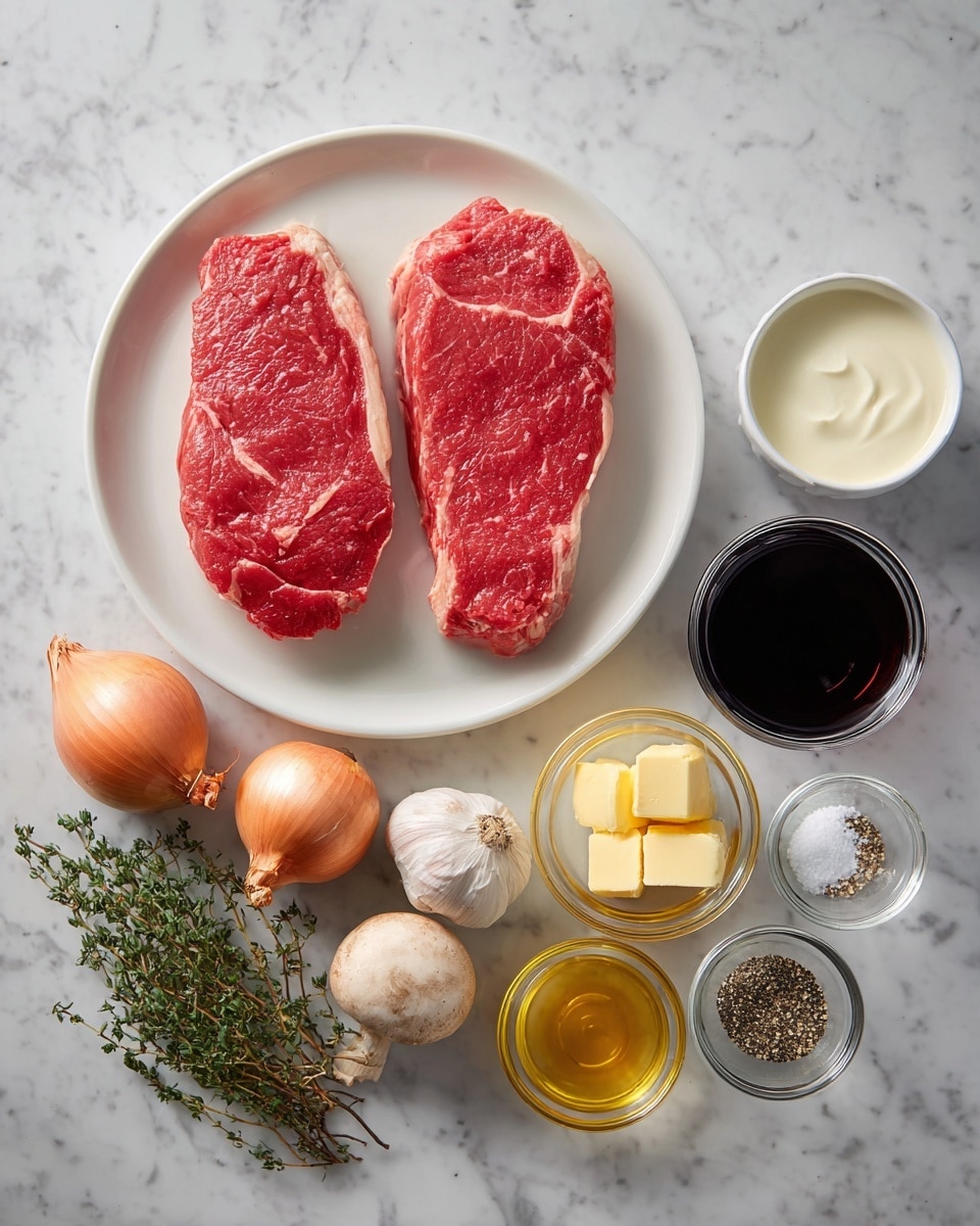 Two large, bright red raw steaks with a white fat edge are placed side by side on a white plate at the top left. To the left of the plate, three light brown shallots with dried roots and three round brown mushrooms are arranged. Below them is a small bunch of fresh green thyme. To the right of the mushrooms is a whole head of white garlic. Next to the garlic, on the right, are four small clear glass bowls: one with two yellow cubes of butter, one with a dark red liquid (wine), one with a pale clear liquid (vinegar), and the last with mixed black and white pepper and salt. Above these is an open container filled with white cream. All items sit on a white marbled surface. Photo taken with an iphone --ar 4:5 --v 7