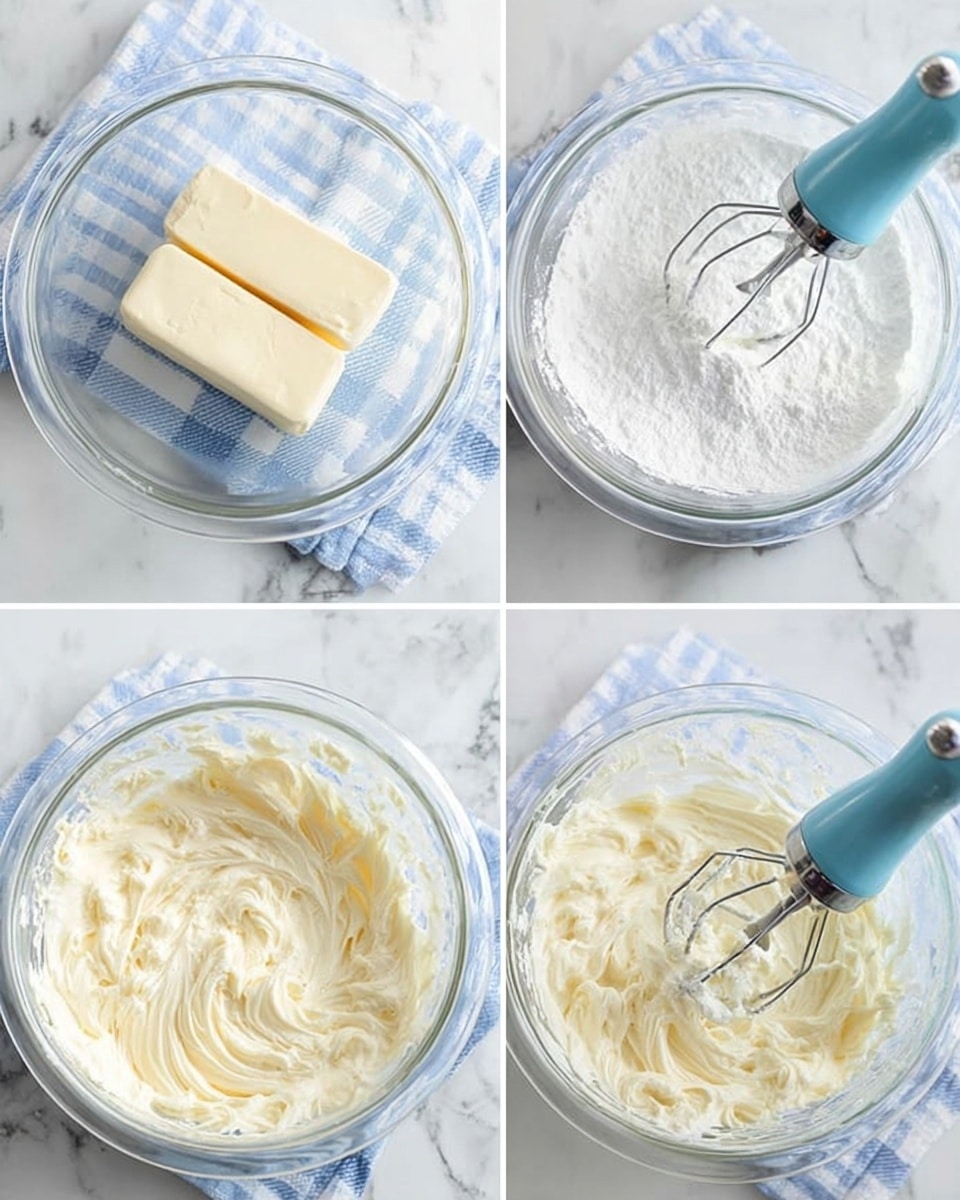 A collage of four images shows the process of making a creamy mixture in a clear glass bowl. In the first image, two sticks of butter with a light cream color are placed inside the bowl, which sits on a white marbled surface with a blue and white checked cloth underneath. The second image shows the mixture whipped to a soft creamy texture with a light yellowish-white color, with a blue electric mixer inside the bowl. The third image captures the moment powdered white sugar is added on top of the whipped butter, still in the glass bowl, with the mixer’s beaters resting on the mixture. The fourth image shows the smooth and fluffy whipped mixture with a pale creamy color and swirl marks around the bowl, with the electric mixer beaters slightly covered by the creamy texture. Photo taken with an iphone --ar 4:5 --v 7