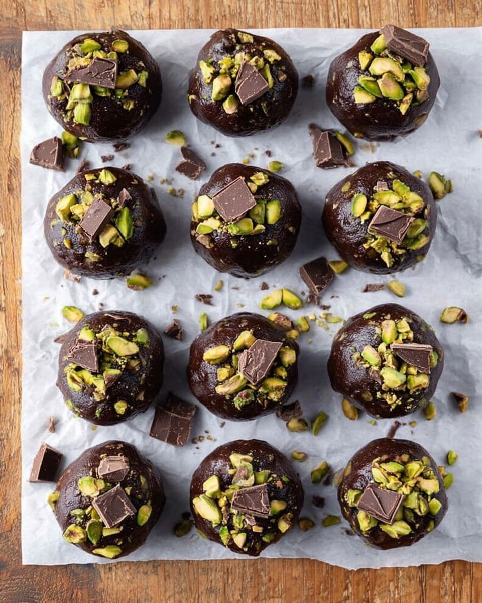 The image shows nine round chocolate dough balls arranged in three rows on white parchment paper over a wooden surface. Each dough ball is dark brown and is topped with chopped green pistachios and large chunks of dark chocolate scattered unevenly on the surface, creating a rough texture. The dough balls are spaced evenly apart, and small pieces of chocolate and pistachio are scattered around them on the parchment. The background surface is wooden but should be imagined as a white marbled texture. photo taken with an iphone --ar 4:5 --v 7