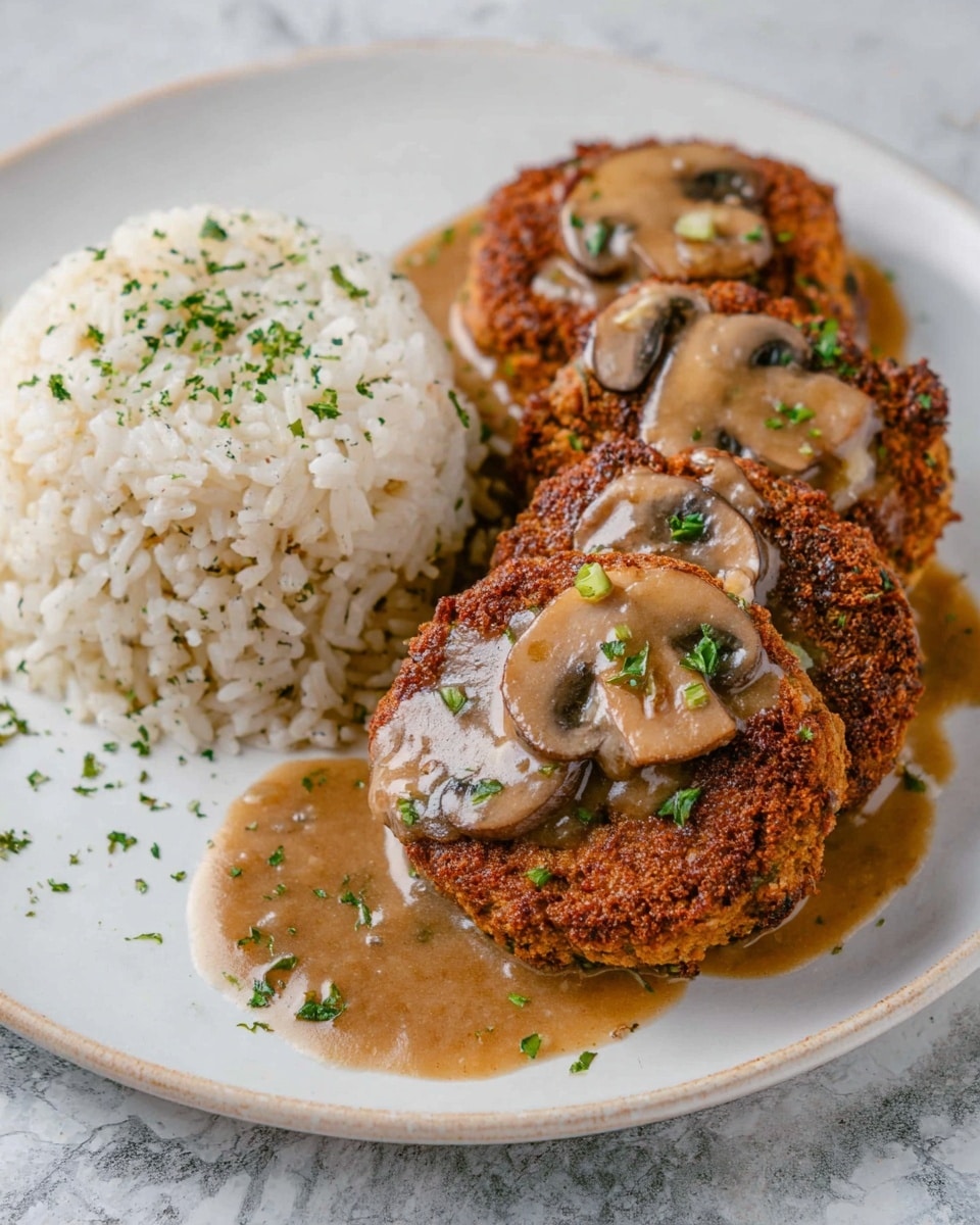 The image shows a white plate with two main parts: on the left is a mound of white rice sprinkled lightly with small green herbs, and on the right are three round, brown patties stacked slightly, each topped with a light brown mushroom sauce with visible slices of mushrooms and small green herb pieces sprinkled on top. The patties have a textured surface with visible bits inside, and the sauce glistens gently, spreading down the sides. The whole dish sits on a white marbled surface. photo taken with an iphone --ar 4:5 --v 7