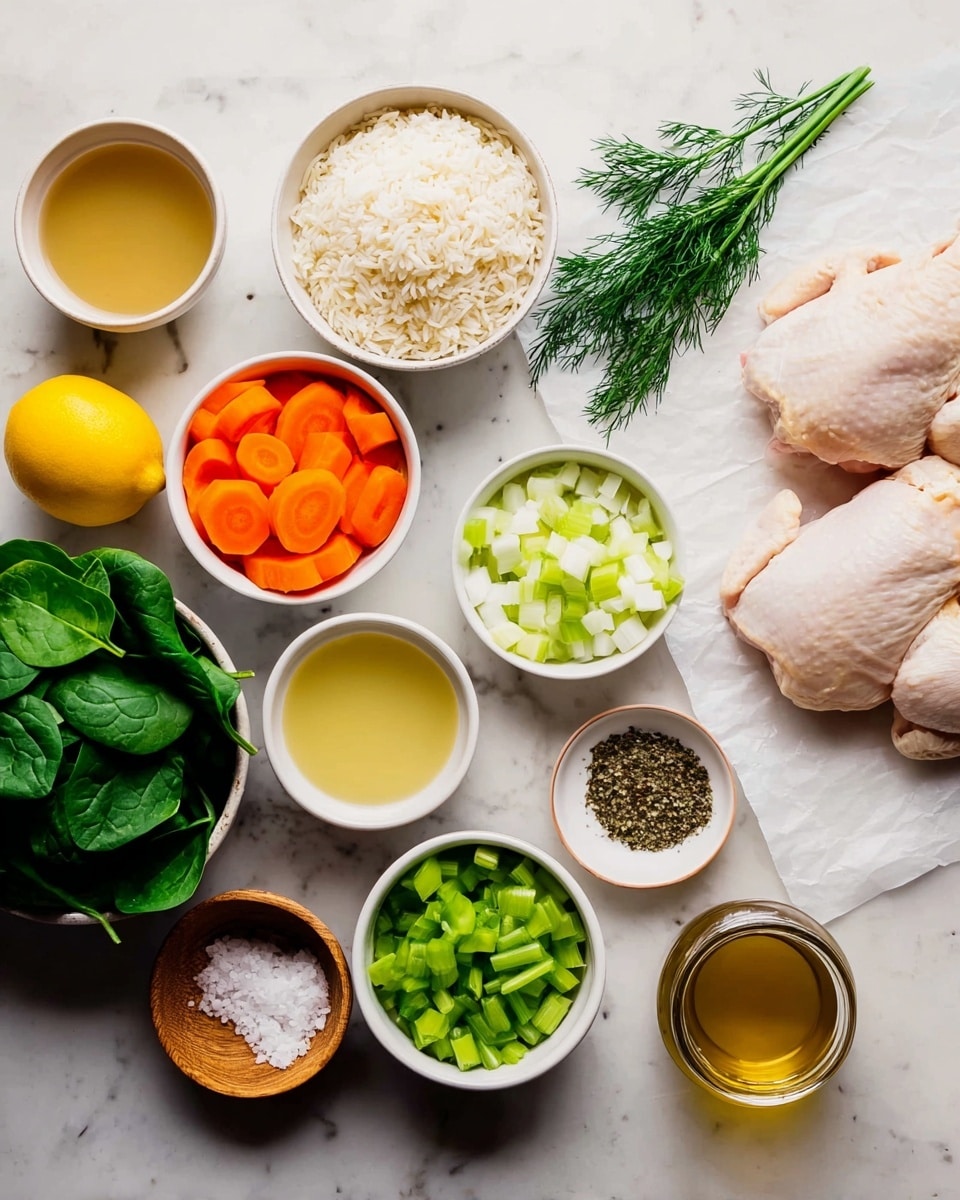 The image shows fresh ingredients neatly arranged on a white marbled surface. In the center, there is a small white bowl filled with white rice. Surrounding it are individual small white bowls holding bright orange carrot slices, light green celery pieces, and finely chopped white onions. To the right, there are two raw chicken pieces resting on white parchment paper. On the left side, there is a bunch of dark green spinach leaves and sprigs of fresh dill. Nearby, a whole yellow lemon is placed alongside small wooden bowls with minced garlic and black pepper mixed with salt. Three small containers with liquids show light yellow broth, oil, and another clear liquid, and one jar holds a light brown broth. The arrangement is clean and natural, making the fresh colors stand out. Photo taken with an iphone --ar 4:5 --v 7