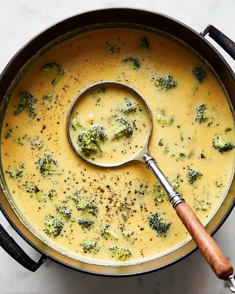 A large black pot filled with thick, creamy yellow soup with visible small green broccoli pieces spread throughout the soup, some floating on the surface and some inside a large silver ladle resting in the pot, sprinkled lightly with cracked black pepper, placed on a white marbled surface. The soup has a smooth texture with tiny bubbles on top, and the ladle handle has a wooden grip. Photo taken with an iphone --ar 4:5 --v 7