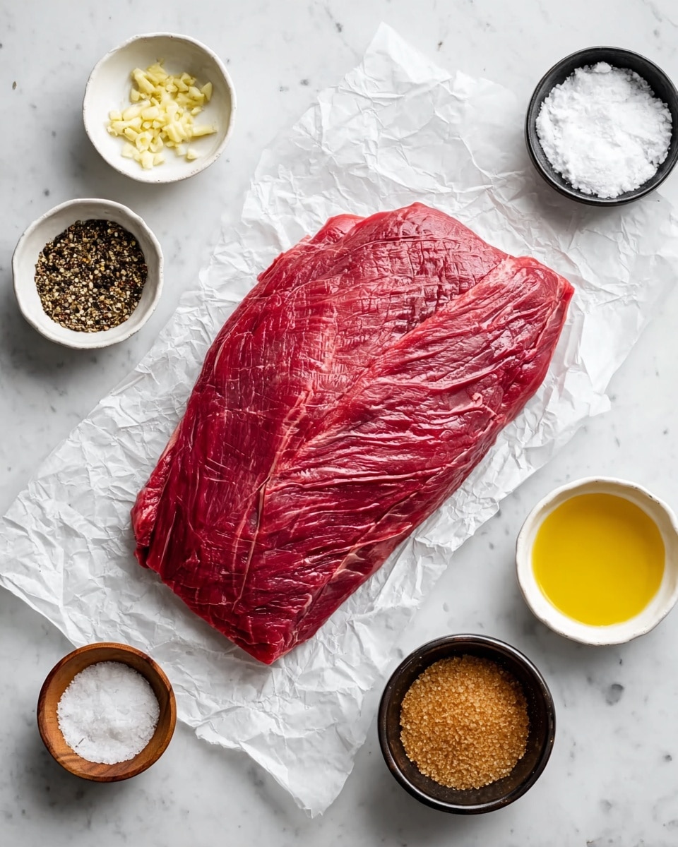 A large, raw red piece of meat with visible muscle lines lies flat on white crumpled parchment paper in the center. Around it are five small white bowls arranged on a white marbled surface: one with minced garlic on the top left, one with black and white mixed pepper in a small wooden bowl below it, one with white salt in a black bowl beside the pepper, one with a light yellow liquid at the top right, another with a golden liquid below it, and a small bowl filled with brown sugar at the bottom right. Photo taken with an iphone --ar 4:5 --v 7