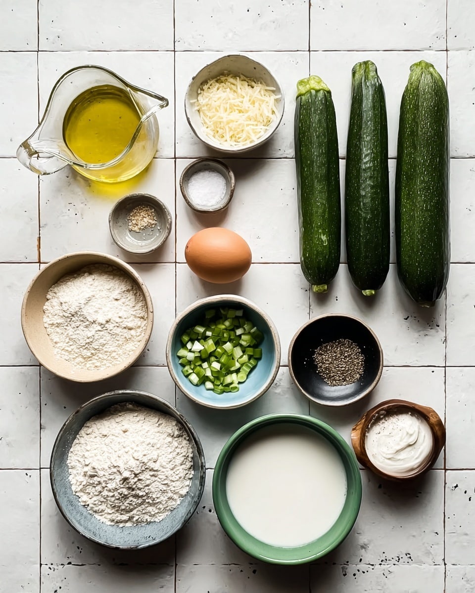 The image shows a top view of cooking ingredients arranged neatly on a white marbled surface with square lines. On the left side, there is a clear glass jug with light yellow oil, followed by a small white bowl containing grated cheese, a small green bowl with coarse salt, and a small white bowl with light brown powder. There is a single brown egg placed next to a whole yellow onion in the center. Three dark green zucchinis are lined up horizontally on the right side. Below the onion and zucchinis, there is a beige bowl filled with white flour, a small blue bowl with chopped green onions, a small dark grey bowl with white powder, and a clear glass jug with white milk. On the far right, there is a small green bowl with white cream and two small bowls — one wooden with black pepper mix and one black inner bowl with salt. The ingredients are evenly spaced with bright natural light that gives them a clean and fresh look photo taken with an iphone --ar 4:5 --v 7