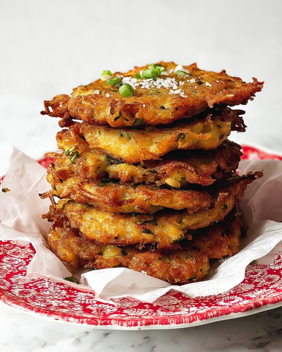 A stack of five golden-brown, crispy vegetable fritters with uneven edges is placed on white paper inside a white plate with red patterns. Each fritter has visible small green bits of herbs and vegetables throughout their uneven, crunchy texture. The top fritter is sprinkled with coarse salt and small pieces of green onion. The plate sits on a surface with a white marbled texture, and the background is plain white. photo taken with an iphone --ar 4:5 --v 7