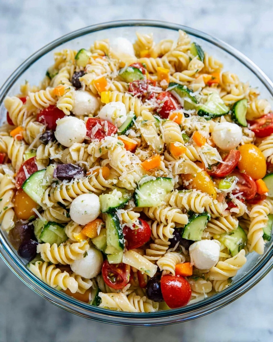 A large clear glass bowl is filled with a pasta salad made of light yellow spiral pasta mixed with small white mozzarella balls, slices of red and yellow cherry tomatoes, thin green cucumber slices, pieces of black olives, small diced orange bell peppers, and green bell pepper bits. The salad is lightly sprinkled with grated white cheese. The bowl is set on a surface with a white marbled texture. photo taken with an iphone --ar 4:5 --v 7