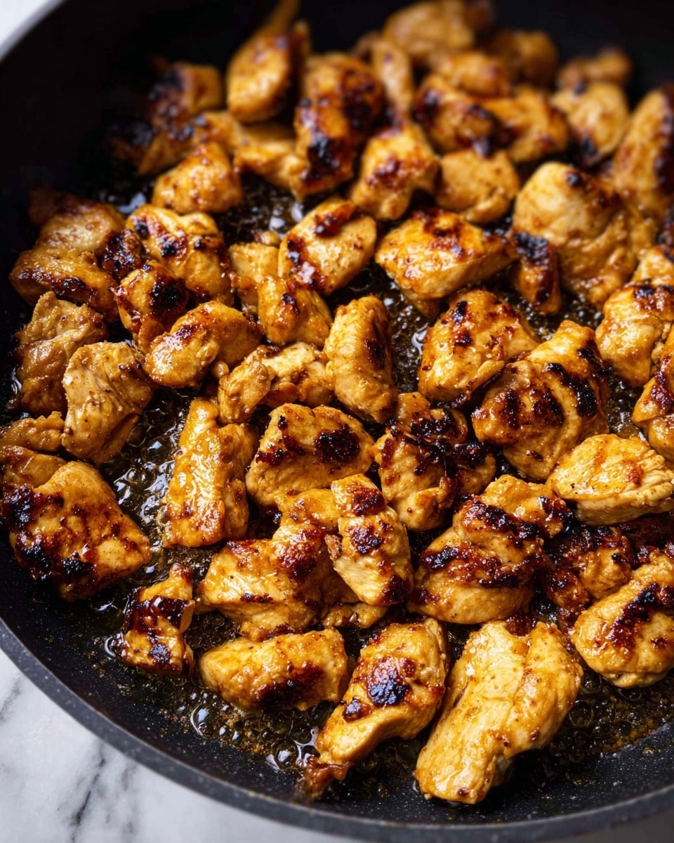 The image shows many small pieces of golden brown cooked chicken filling a black pan. Each piece has a slightly crispy texture with some darker charred spots that add a rich, roasted look. The chicken pieces are uneven in shape, some thicker and some thinner, and they appear juicy and tender with a lightly oily surface that reflects light. The pan surface is visible in the gaps between the chicken pieces and holds a bit of bubbling cooking oil, making the dish look hot and fresh. The background is a white marbled texture. photo taken with an iphone --ar 4:5 --v 7