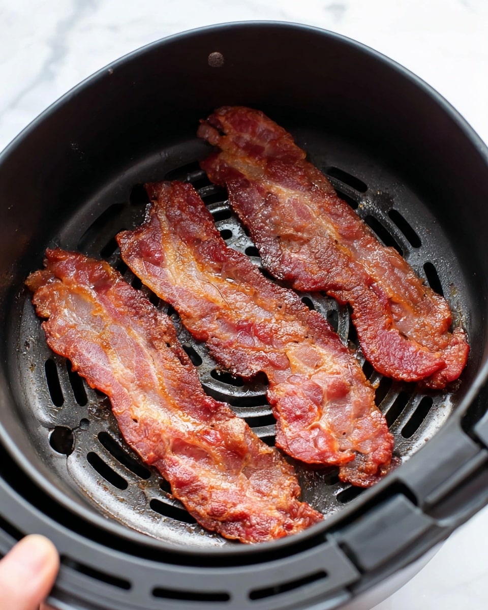 Three long, crispy, cooked bacon strips lie flat inside a black air fryer basket, which has a round bottom with ventilation slits. The bacon strips have a dark reddish-brown color with shiny, oily spots and slightly wrinkled textures. The edge of the basket is held by a woman's hand from the lower left corner. The background is a white marbled texture. photo taken with an iphone --ar 4:5 --v 7
