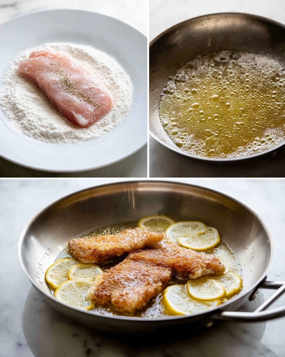 The image shows three steps of cooking on a white plate and silver frying pan on a white marble surface. On the left, there is a single piece of raw meat colored pink, lightly seasoned with salt and pepper, resting on a layer of white flour spread evenly on the white plate. On the top right, the silver frying pan is filled halfway with hot oil, bubbling with small bubbles on the surface, indicating it is ready for frying. On the bottom right, the silver frying pan contains three cooked golden brown pieces of meat partially submerged in bubbling oil, with several yellow lemon slices placed on top and around the meat. Photo taken with an iphone --ar 4:5 --v 7
