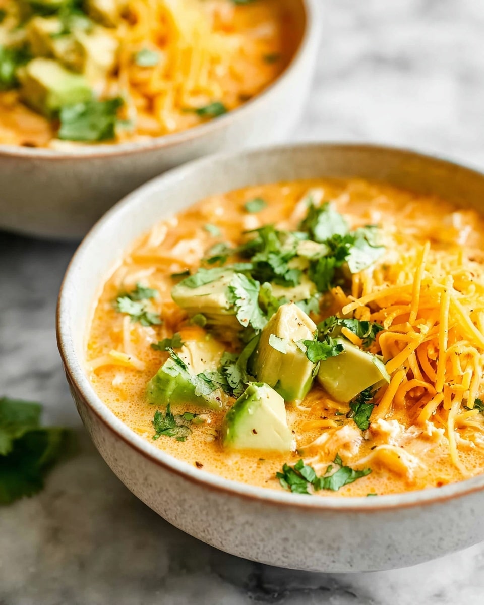 A close-up of two white bowls filled with creamy light orange soup, topped with bright yellow shredded cheese, green avocado cubes, and fresh green cilantro leaves. The soup appears thick and smooth, with bits of white pieces mixed in. The bowls are placed on a white marbled surface, one bowl slightly in front of the other. The scene shows the rich texture and fresh toppings clearly. Photo taken with an iphone --ar 4:5 --v 7
