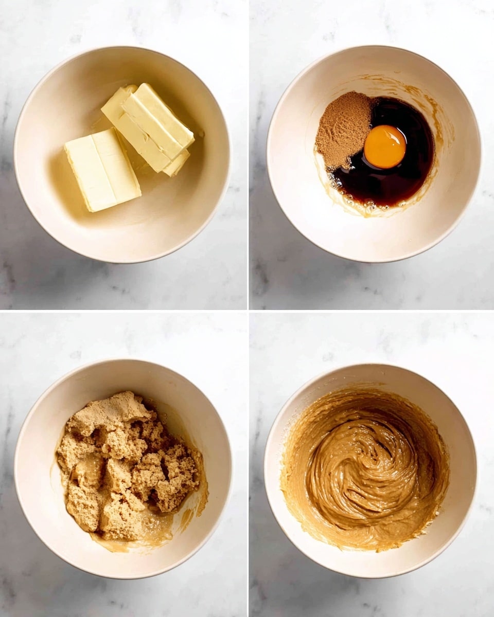 A set of four images shows the mixing process of a dough in a white bowl on a white marbled surface. The first image has two blocks of butter, pale yellow and soft, next to a solid light brown round of packed brown sugar. The second image shows the ingredients partly mixed into a light brown fluffy and creamy mixture covering the bowl’s bottom. The third image adds a raw egg and dark brown liquid, possibly molasses or syrup, sitting on top of the creamy mixture which stays around the edges. The last image shows a smooth, evenly mixed brown batter with visible swirls from mixing, filling most of the bowl’s bottom. Photo taken with an iphone --ar 4:5 --v 7