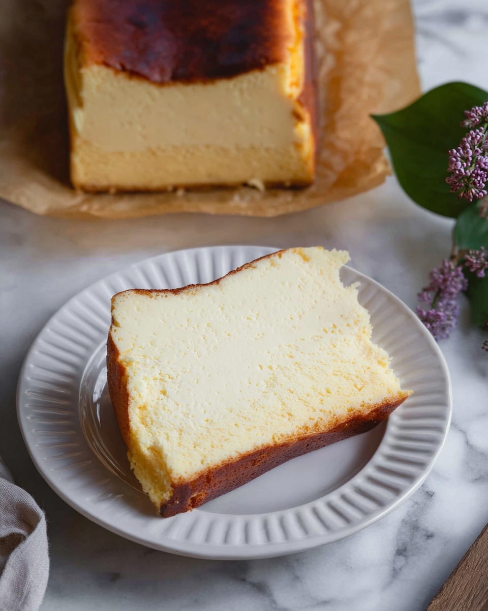 A thick slice of light yellow cheesecake with a smooth, creamy texture and a slightly browned top layer rests on a white plate with a subtle raised edge design. Behind the plate is the larger rectangular cheesecake with a deep golden-brown, slightly textured top layer and lighter creamy sides, sitting on brown parchment paper. The surface below is a white marbled texture, and a green leaf and purple flowers are partially visible to the right side. Photo taken with an iphone --ar 4:5 --v 7