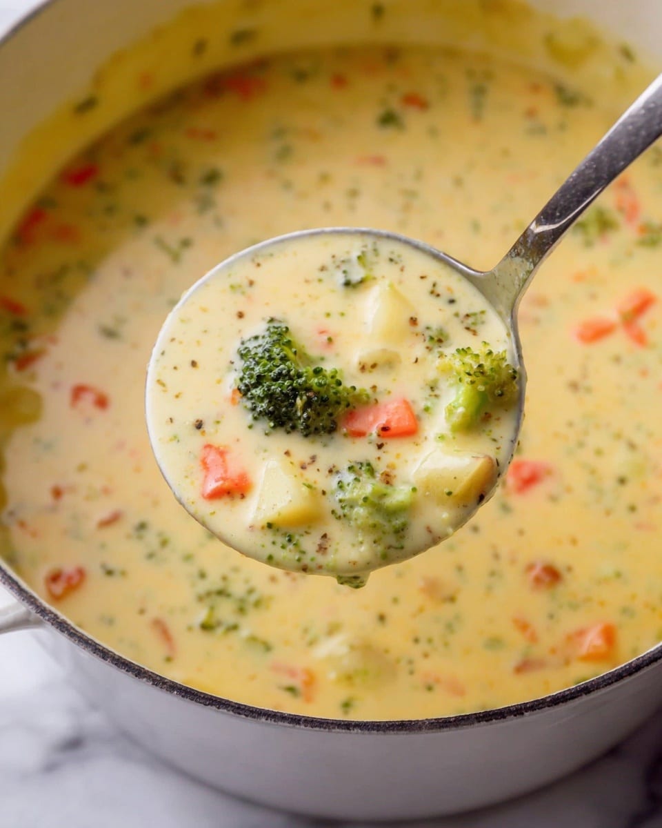 A close-up of a metal spoon holding creamy soup filled with small, bright green broccoli pieces, orange carrot slices, and light yellow potato chunks. The soup is thick and pale yellow, with visible bits of black pepper and herbs. The spoon is lifted above a large white pot filled with the same soup, resting on a white marbled surface. Photo taken with an iphone --ar 4:5 --v 7